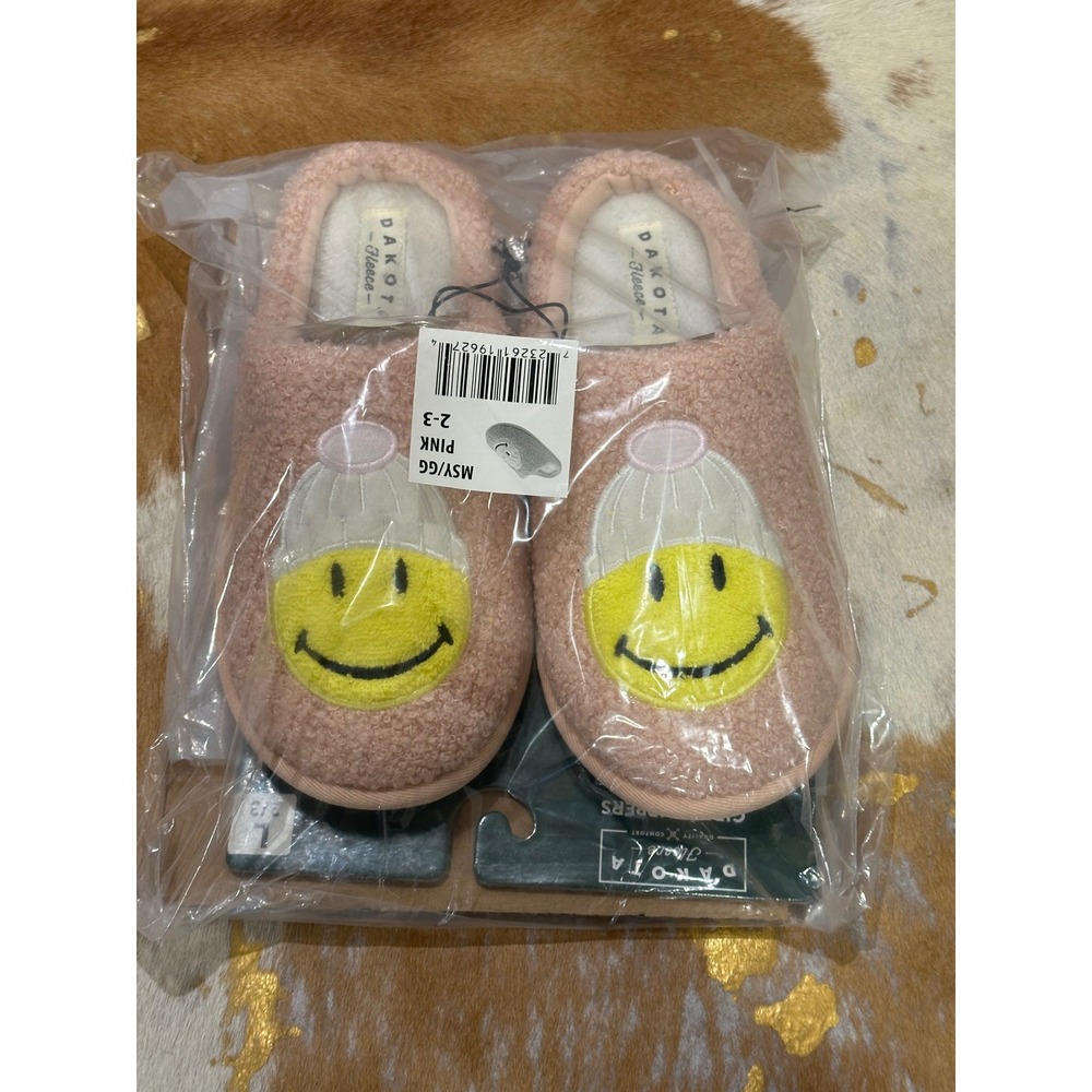 Dakota Fleece Kids Pink Smiley Face Beanie Slippers MSY/GG Size 2-3 NEW‎